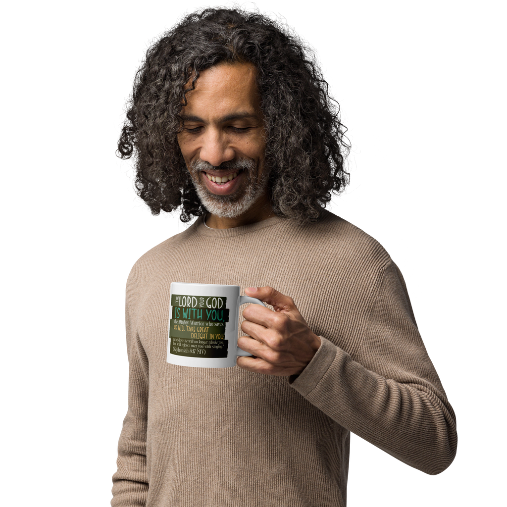 Rejoice in His Love: Zephaniah 3:17 White Glossy Mug (11 oz / 15 oz / 20 oz)