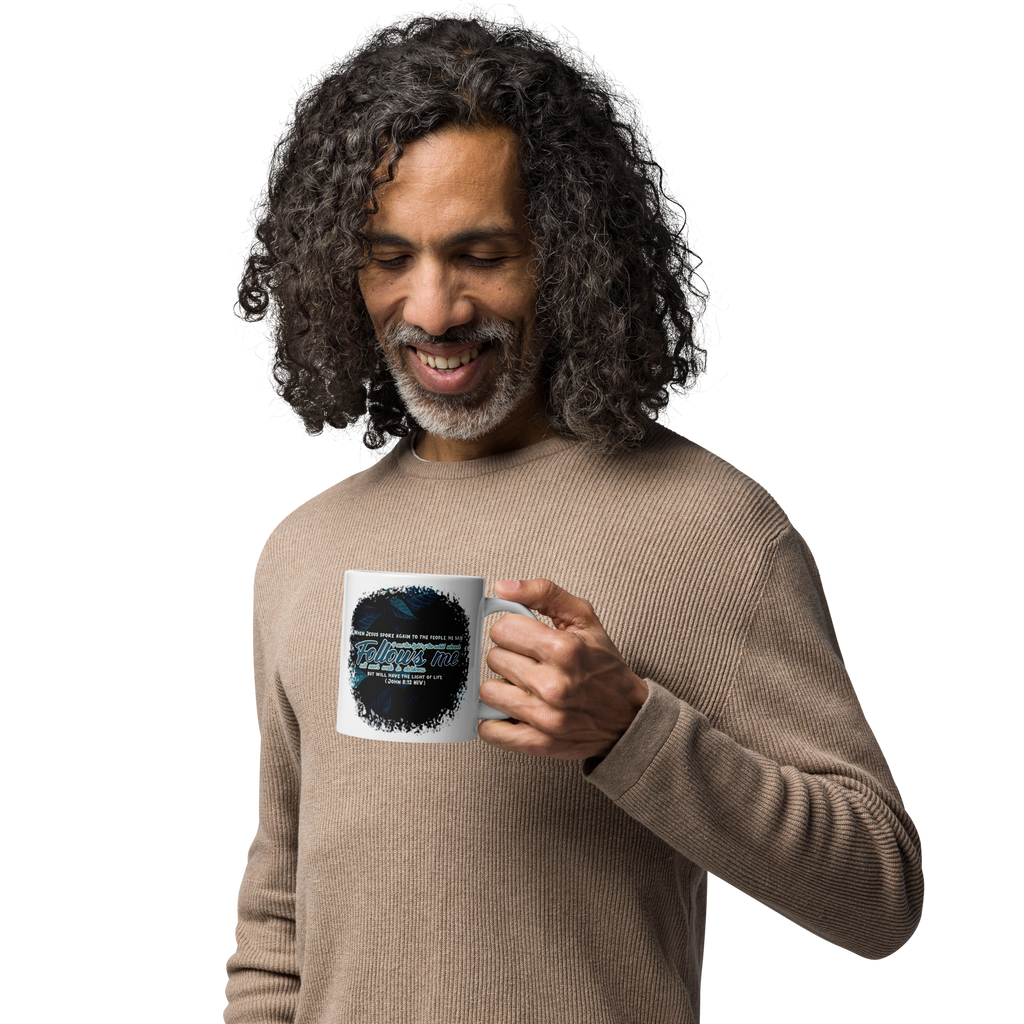 Light Of The World: John 8:12 White Glossy Mug (11 oz / 15 oz / 20 oz)